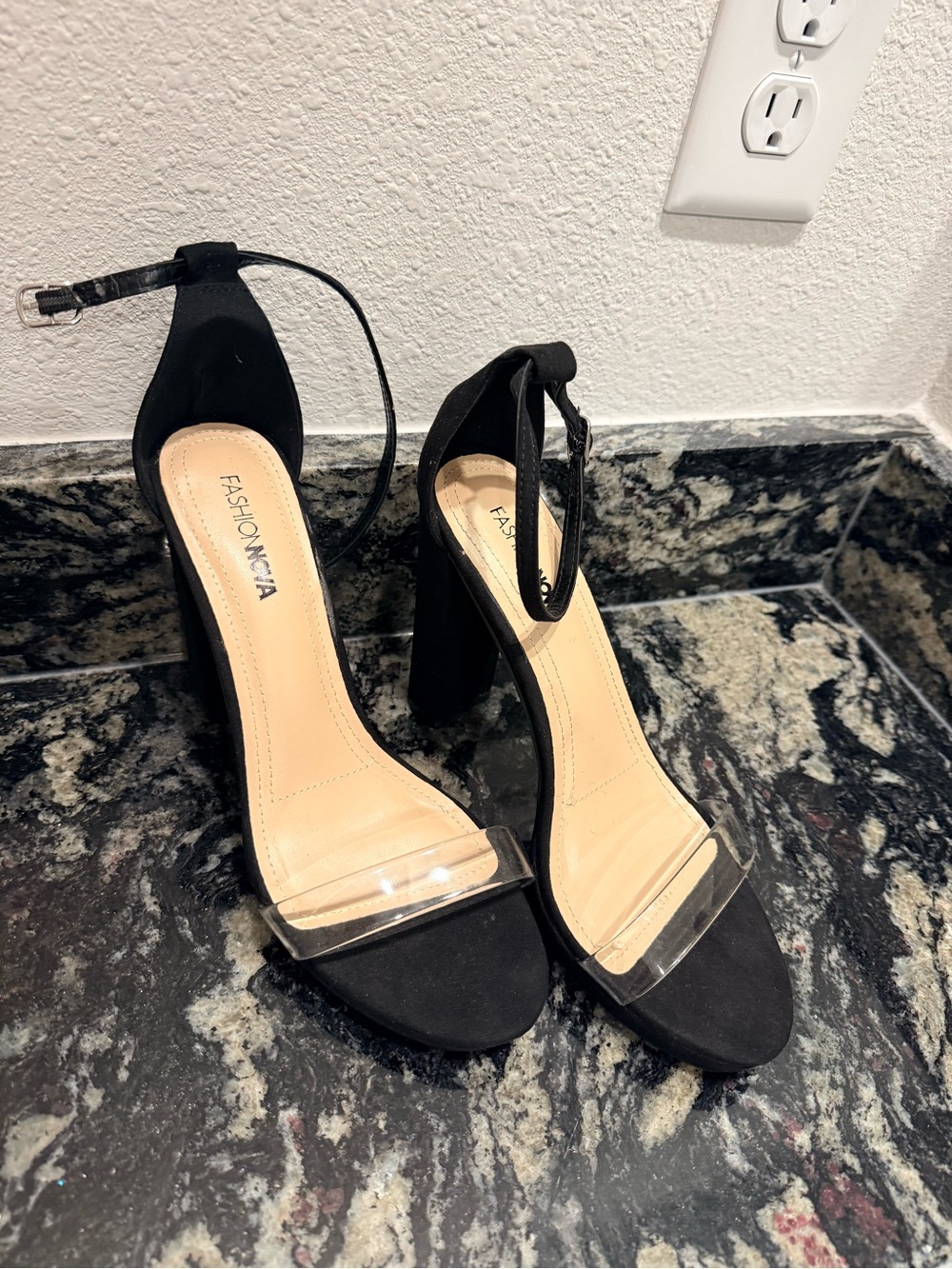 Fashion Nova Black Ankle-Strap Block Heels with Clear Toe Band